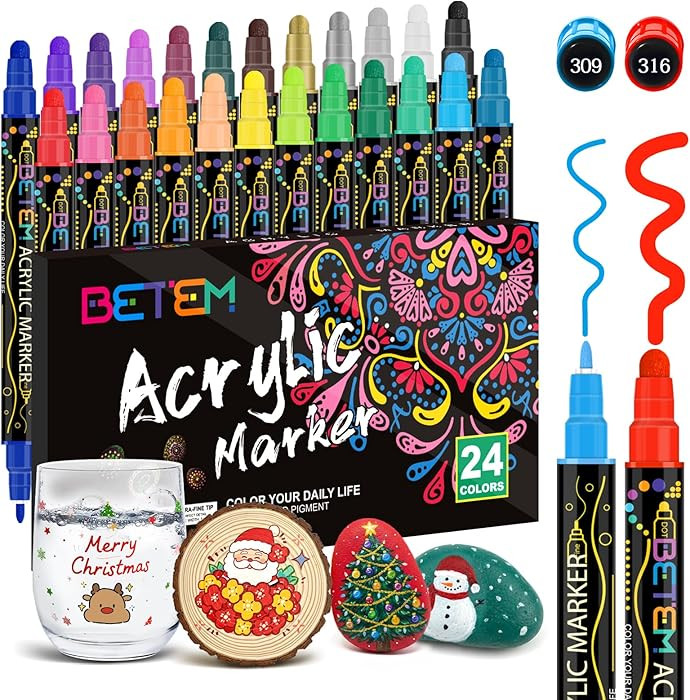 Betem 24 Colors Dual Tip Acrylic Paint Pens Markers, Premium Acrylic Paint Pens Stocking Stuffers... | Amazon (US)