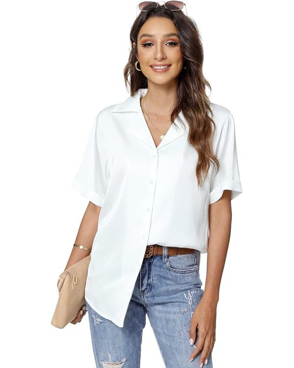 Atnlewhi Women's Short Sleeve Button Down Satin Silk Shirts Casual Business Work Office Blouse To... | Amazon (US)