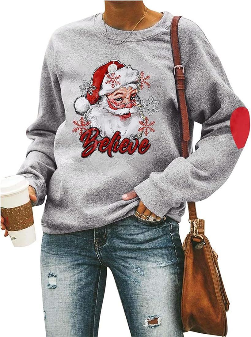 Believe Christmas Sweatshirt Women Santa Hat Pullover Funny Graphic Lightweight Blouse Xmas Holiday  | Amazon (US)