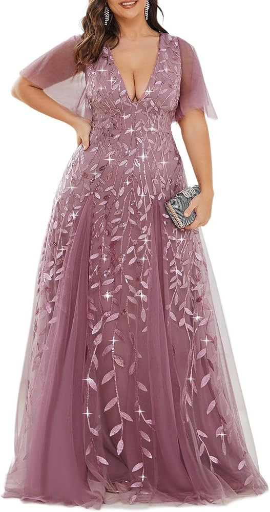 Ever-Pretty Women's Sequin Plus Size Formal Dresses Evening Gown V-Neck Sheer Short Sleeve A-Line... | Amazon (US)