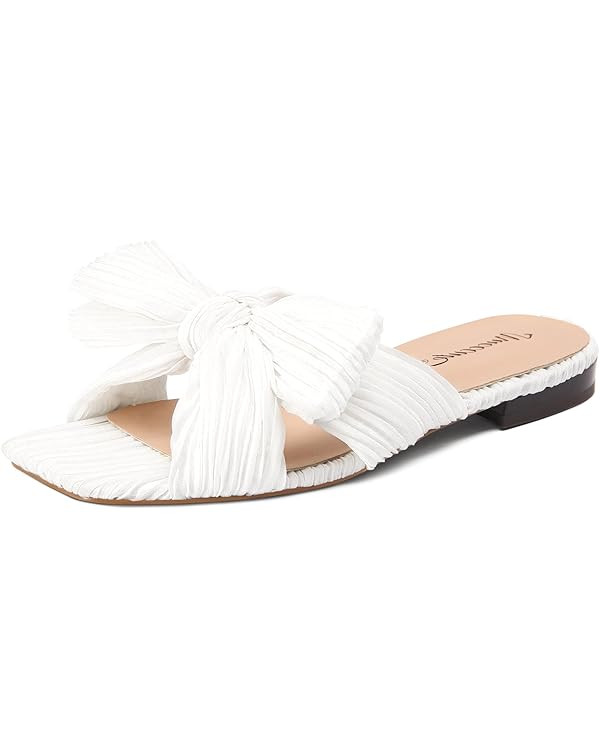 MUCCCUTE Women's Bow Flat Sandals Mule for Women Flats Square Open Toe Slip-On Slide Sandals | Amazon (US)