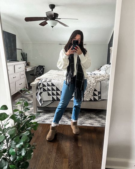 easy cozy mom errand outfit
Mom outfit ideas, winter outfit, short uggs, straight leg jeans, sweater, scarf, slouchy socks 

#LTKSeasonal #LTKfamily #LTKstyletip