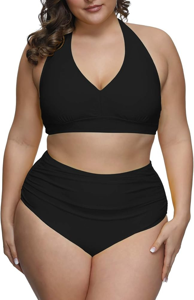 Pink Queen Women's 2 Piece Plus Size High Waisted Swimwear Swimsuits Ruched Tummy Control Bikini ... | Amazon (US)