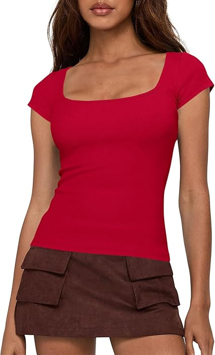 BTFBM T Shirts for Women Square Neck Tops 2026 Spring Trendy Fashion Going Out Workout Y2k Clothe... | Amazon (US)