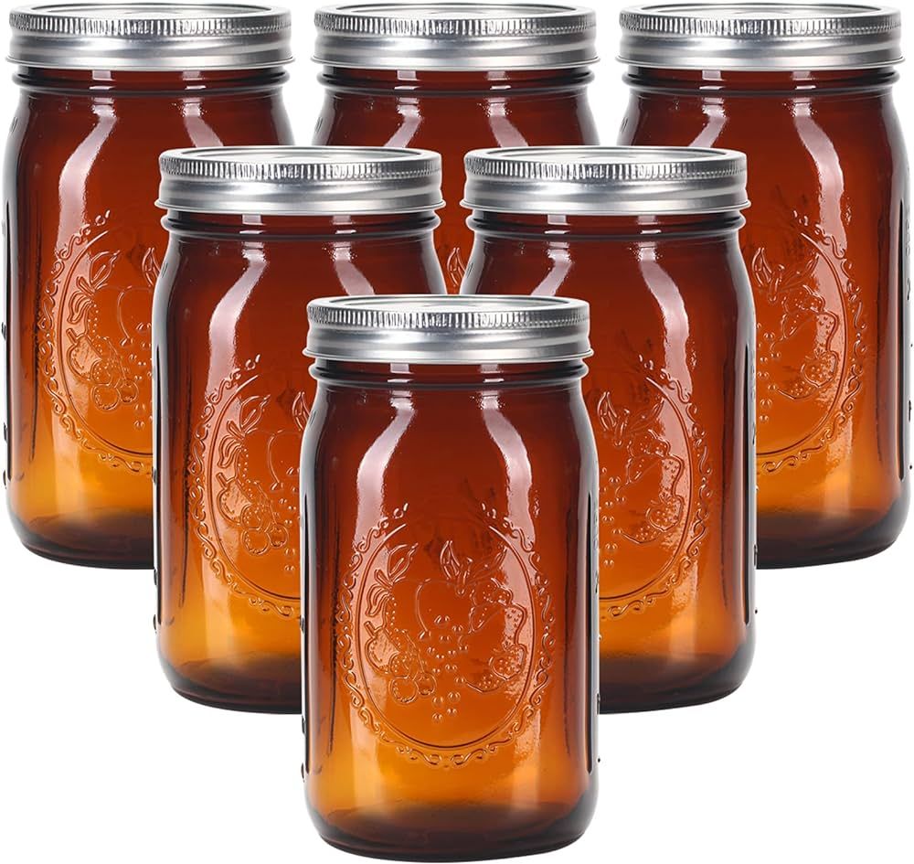 eleganttime Amber Glass Mason Jars 32 oz Wide Mouth with Airtight Lids and Bands 6 Pack Large Gla... | Amazon (US)