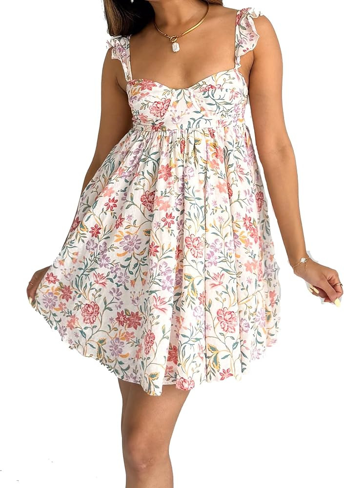 NUFIWI Y2K Ruffle Hem Babydoll Mini Dresses Square Neck Spaghetti Strap Short Dresses Boho Flowy ... | Amazon (US)