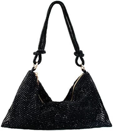 Rhinestone Purse Silver Hobo Purse Sparkly Black Evening Bag for Women Prom Party Wedding | Amazon (US)