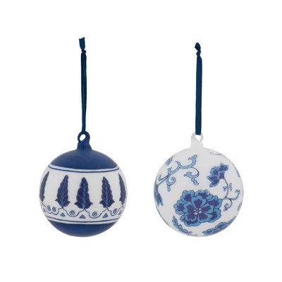 Chinoiserie Peony/Feathers Glass Ball Ornament, 2 Assorted Styles | Perigold