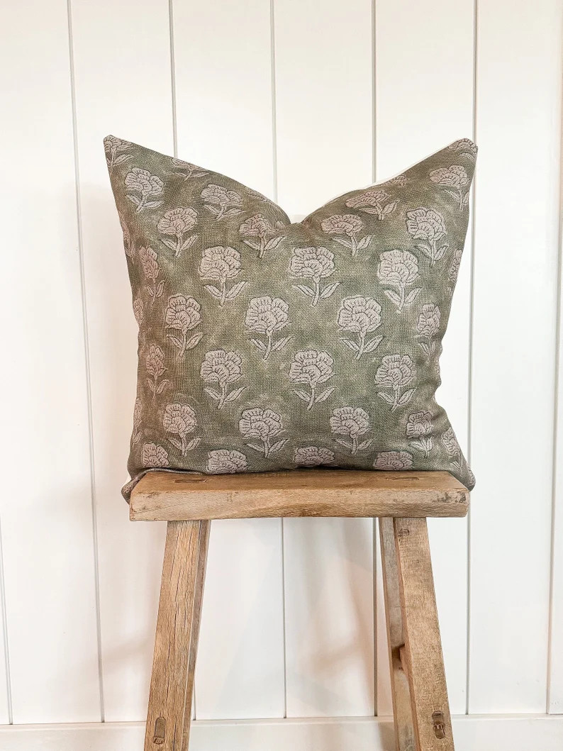 Floral Pillow Cover Olive Green Designer Fabric Modern Farmhouse Neutral Home Decor 18x18 20x20 2... | Etsy (US)