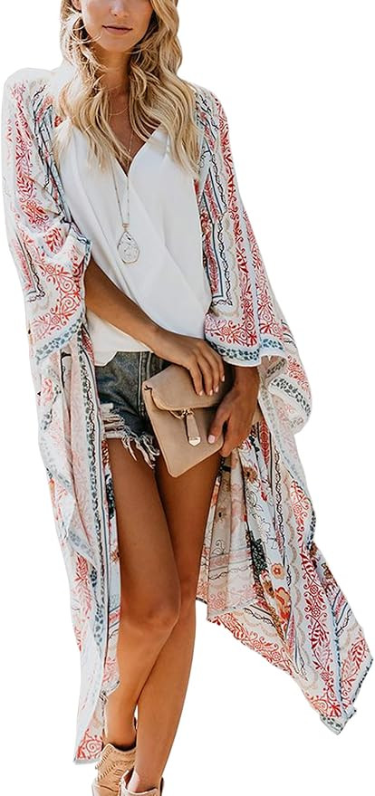 Hibluco Women's Long Floral Kimono Printed Cardigan Sheer Swimsuit Cover Ups | Amazon (US)