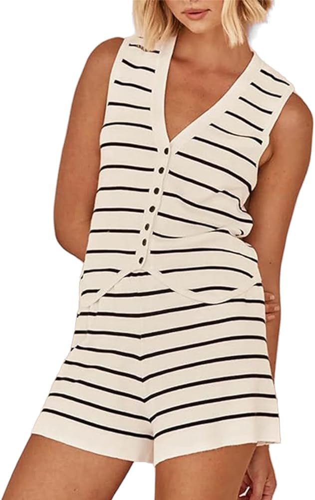 HOULENGS Women's Summer Knit 2 Piece Outfits Striped Matching Lounge Set Sleeveless Button Vest T... | Amazon (US)