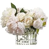 9" Hx12 W Silk Peony & Rose Flower Arrangement w/Glass Vase -White/Pink | Amazon (US)