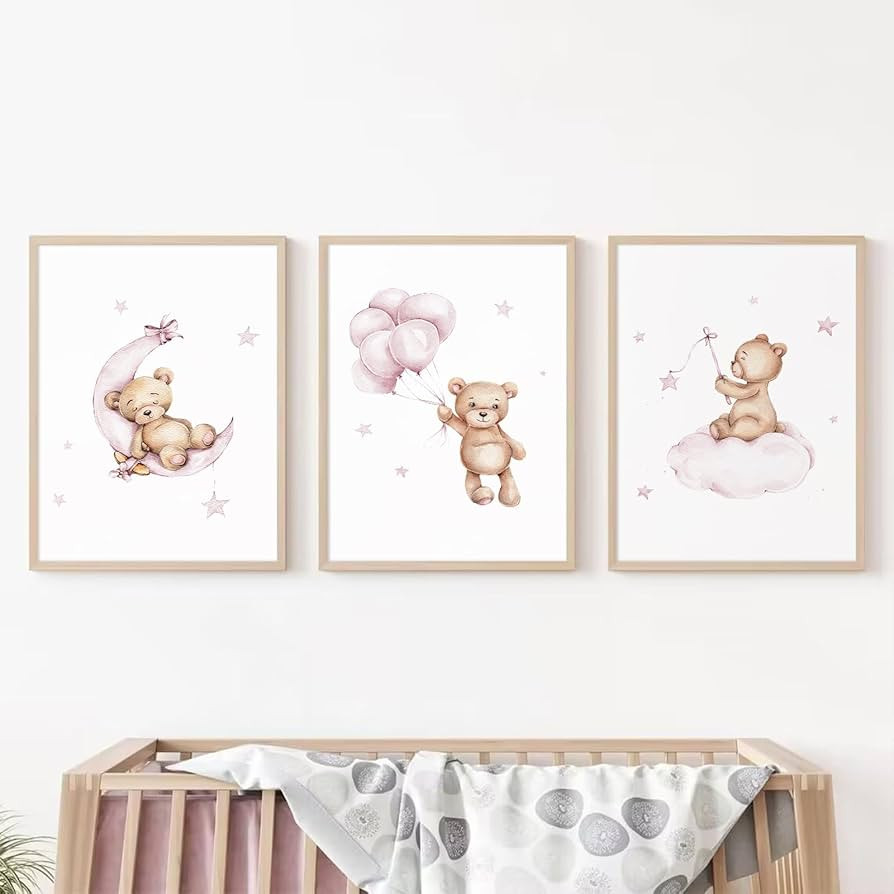 Bear Nursery Wall Art Decor Set of 3 Teddy Bear Wall Art Baby Girl Canvas Wall Decor Pink Picture... | Amazon (US)