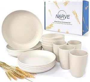 Wheat Straw Dinnerware Sets (16pcs) Beige-Unbreakable Microwave Safe-Lightweight Bowls, Cups, Pla... | Amazon (US)
