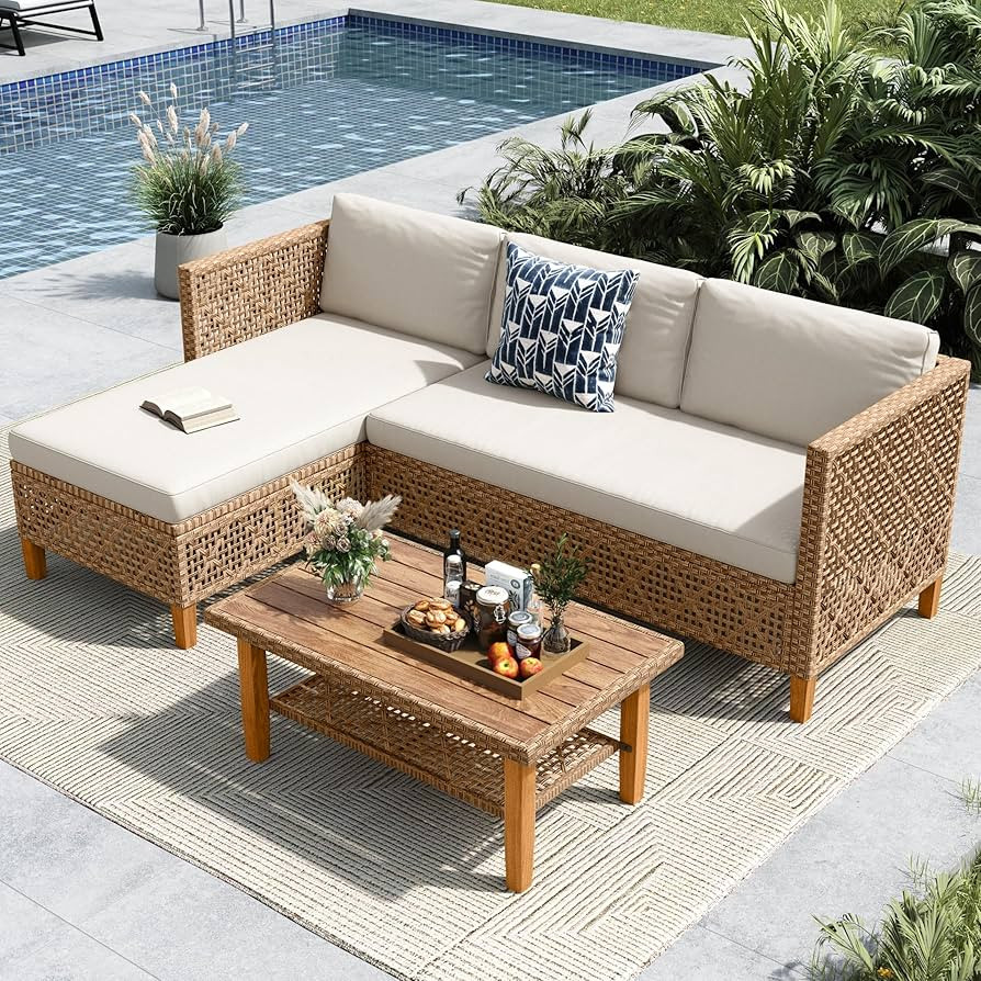 MFSTUDIO L Shaped Outdoor Couch Set, Wicker Patio Furniture Set, Rattan Outdoor Sectional Sofa wi... | Amazon (US)