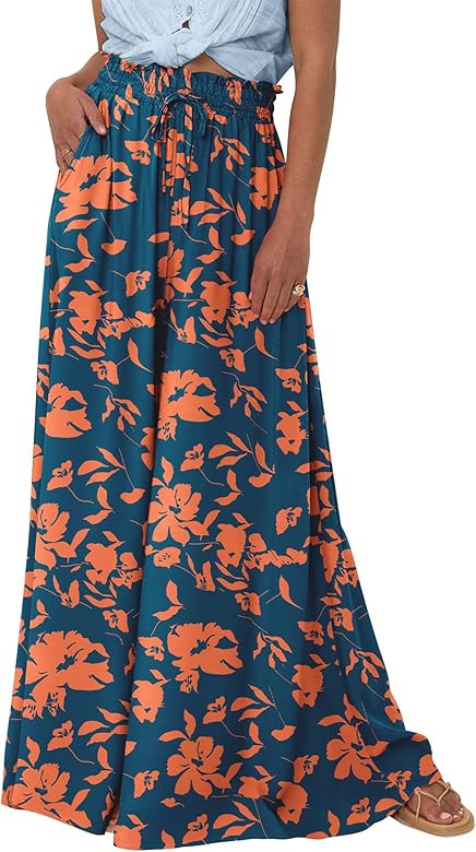 BTFBM Women Casual High Waist Wide Leg Pants Summer Floral Solid Long Palazzo Pants Lounge Beach ... | Amazon (US)