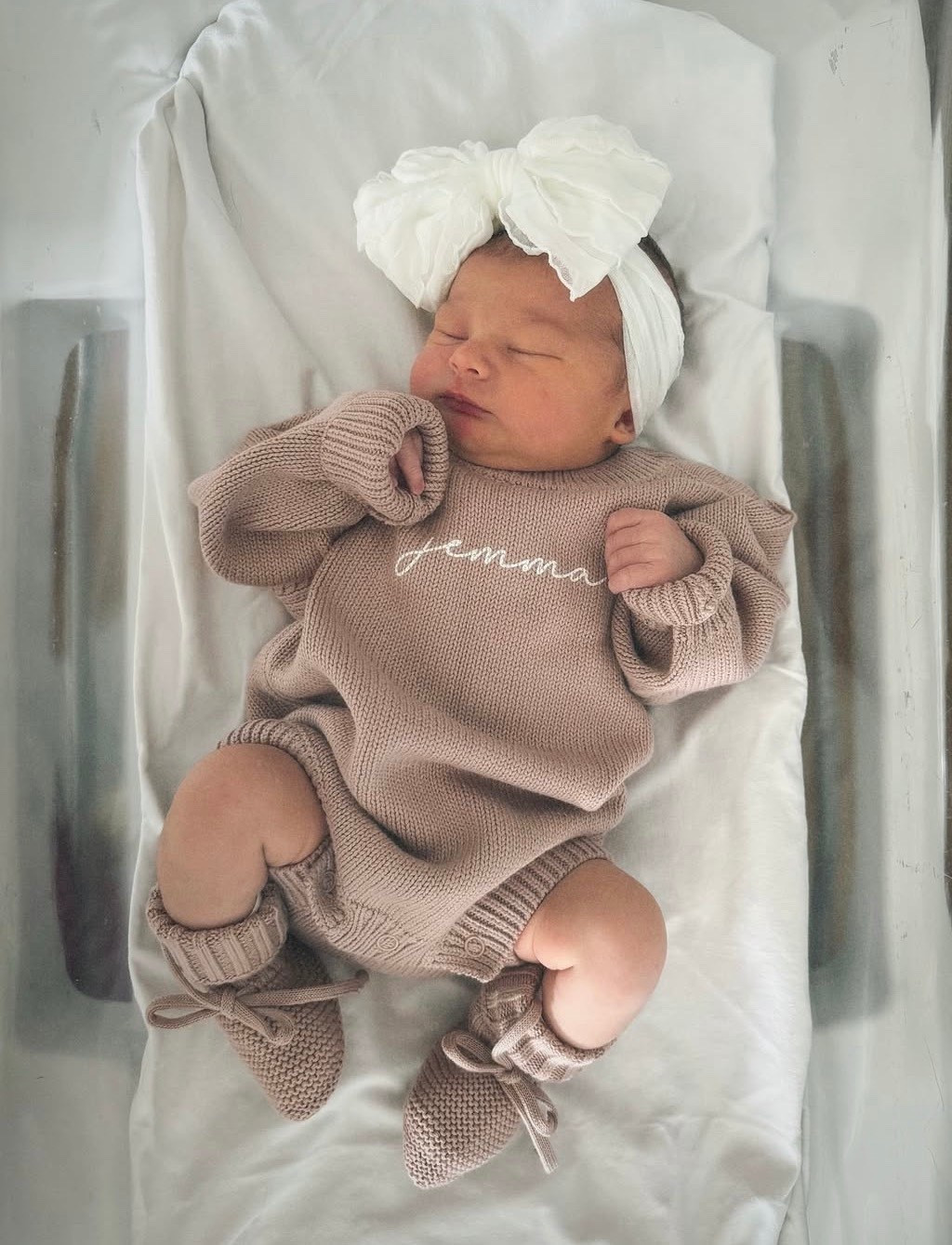 Caden lane customized name sweater, bow headband, and knit booties - use code EG20

#LTKBump #LTKBaby #LTKmomlife