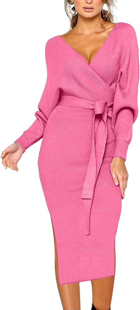 CHERFLY Women's V Neck Sweater Dresses Batwing Long Sleeve Backless Bodycon Long Dress with Belt | Amazon (US)