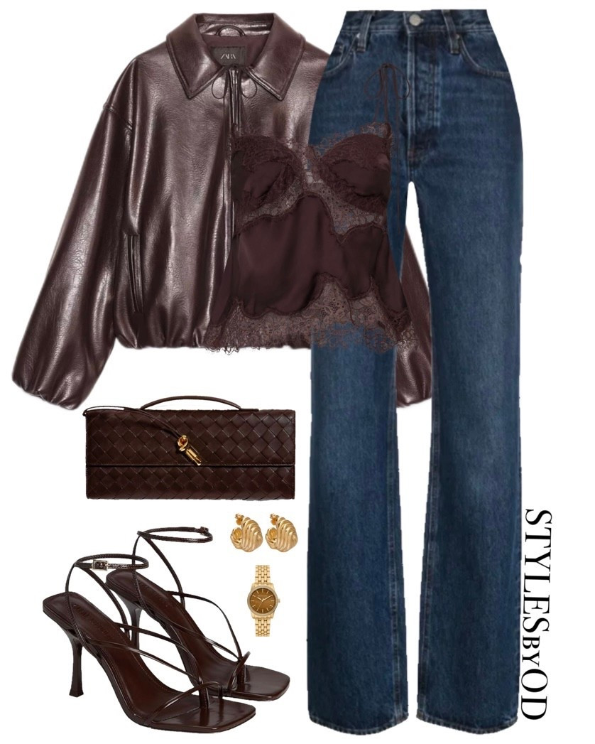 DARK CHERRY CHIC 🍒🤎

It-Girl night outfit with this moody and rich textural palette. This look is all about the perfect contrast—pairing a structured chocolate leather bomber with a delicate lace-trimmed silk camisole and dark-wash wide-leg denim for an effortlessly edgy yet polished capsule vibe. Completed with strappy chocolate sandals and a woven clutch, it’s the ultimate elevated evening uniform for the new season.

#LTKstyletip #LTKfashion #Nightoutfit 

#LTKSeasonal #LTKSpringSale #LTKSaleAlert