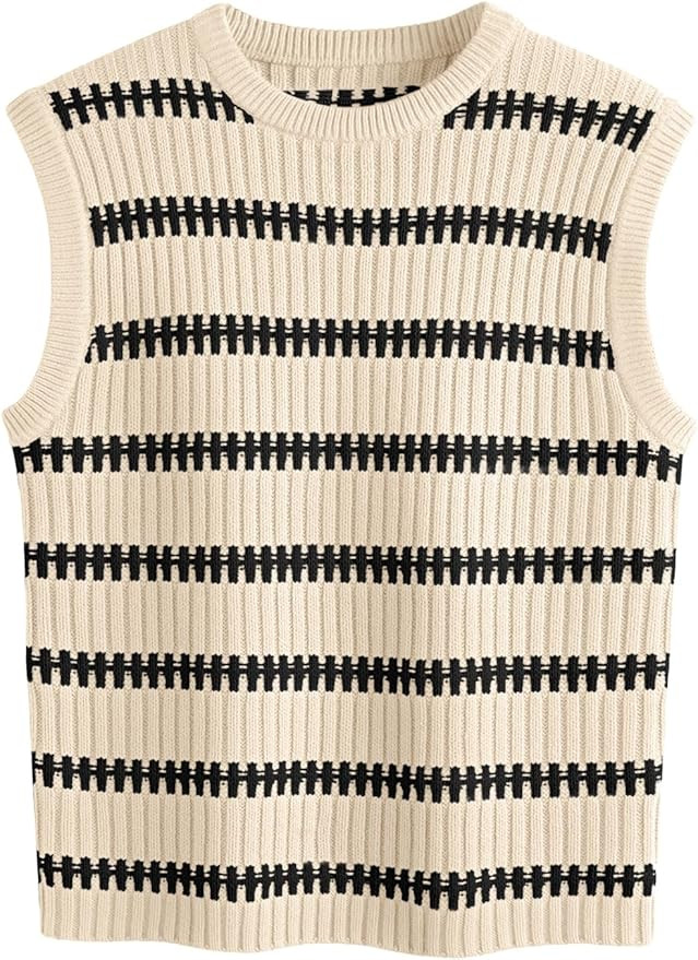 LILLUSORY Sweater Tank Tops for Women Fall Crew Neck Sweater Sleeveless Striped Knit Vest | Amazon (US)