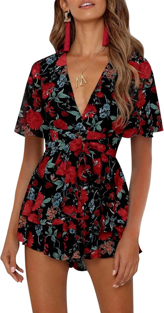 Bonkwa Women Short Flare Sleeve Rompers Floral Print Summer Casual Romper V-Neck Sexy Ruffle Hem ... | Amazon (US)