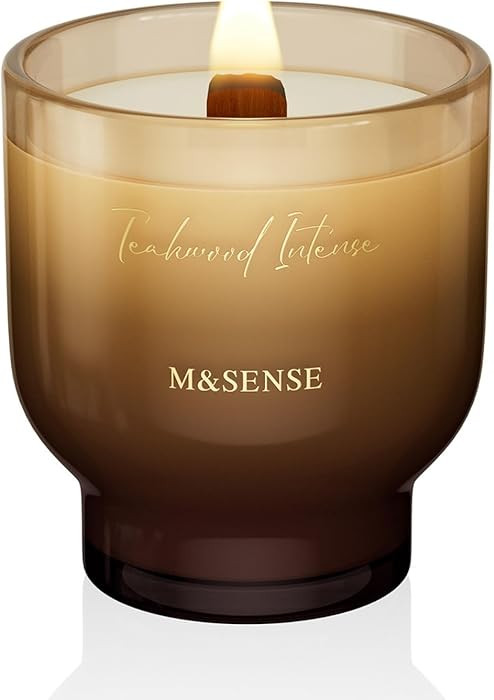 M&SENSE 9.88oz Natural Soy Wax Jar Candle with Wooden Wick | Teakwood Intense Scent | 55-Hour Bur... | Amazon (US)