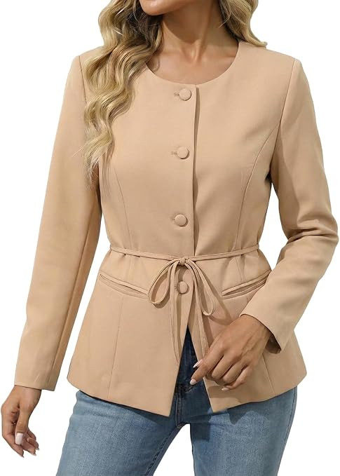 Mina Self 2026 Spring Women's Belt Casual Blazer Jacket - Crew Neck Full-Lined Button Down Split ... | Amazon (US)