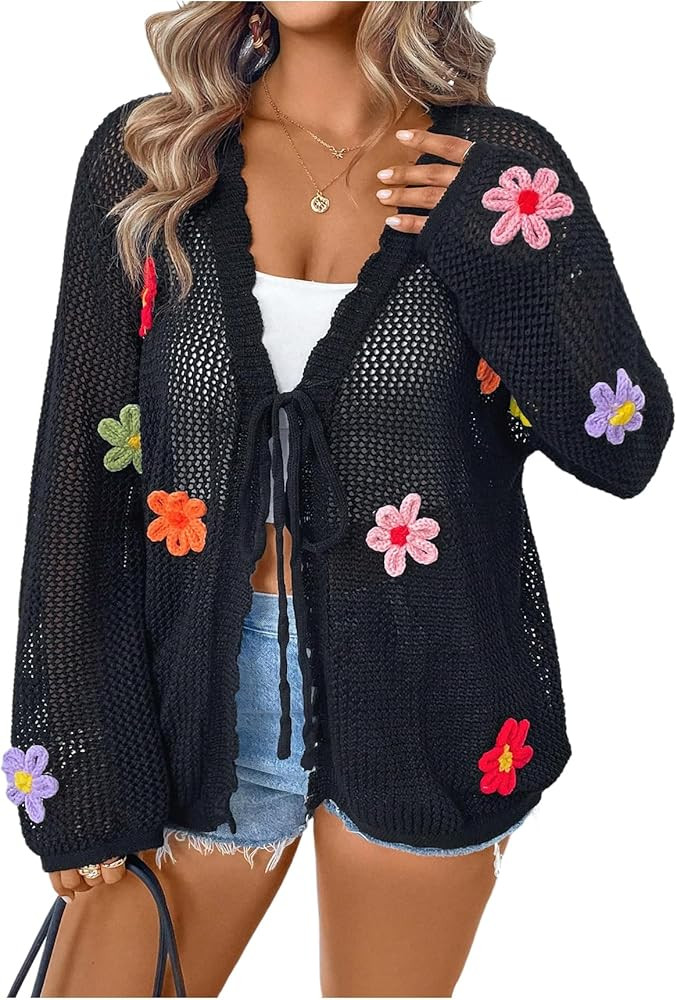 Verdusa Women's Plus Size Floral Crochet Knit Cardigan Bow Tie Front Lightweight Sweaters | Amazon (CA)