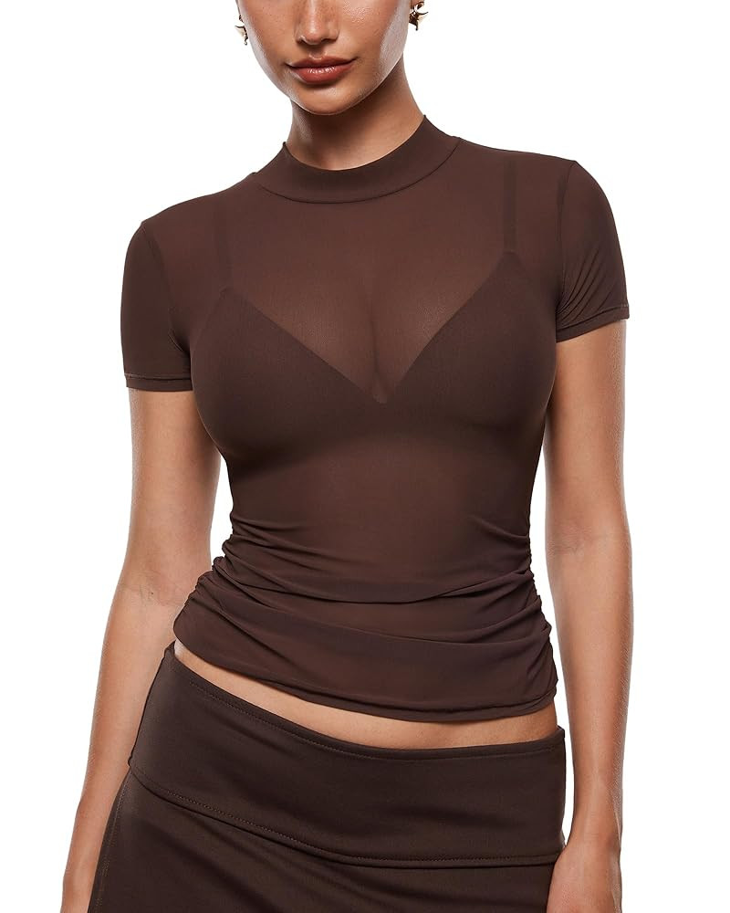 INLYRIC Women's Cosnufy Mesh Sheer Short Sleeve Shirts See Through Mock Neck Ruched Summer Going ... | Amazon (US)
