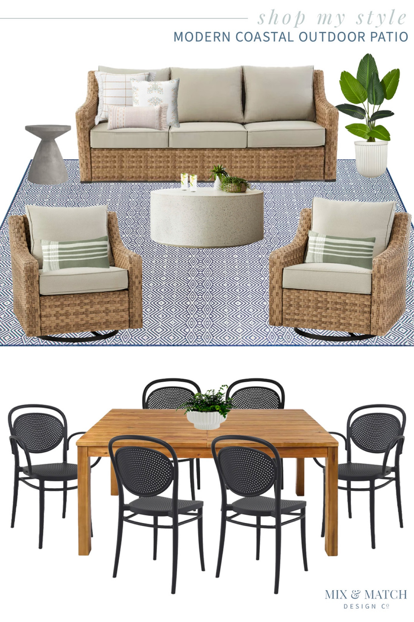 I’m back with another “shop my style” today! As requested in last week’s poll, y’all wanted a patio design - here’s what I put together! A modern coastal lounge and dining space looks primed for hanging it and entertaining! All weather wicker, an outdoor rug, and other weatherproof furniture give you the feeling of comfort, yet can withstand the elements. I’d recommend this setup for a screen porch or covered patio. I hope this inspires you to get a jump on your outdoor projects!