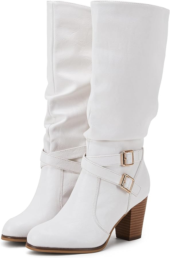 Ermonn Womens Mid Knee High Boots Chunky Heel Slouchy Metal Buckle Side Zipper Fashion Winter Sho... | Amazon (US)