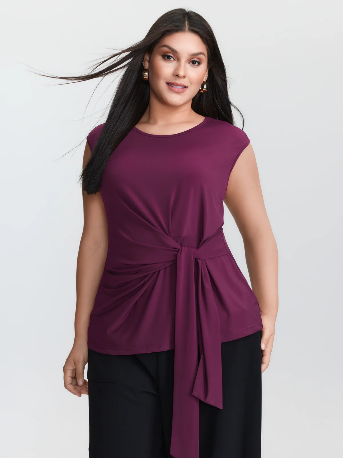 Ruched Side Knotted Plain Knit Top | Bloomchic