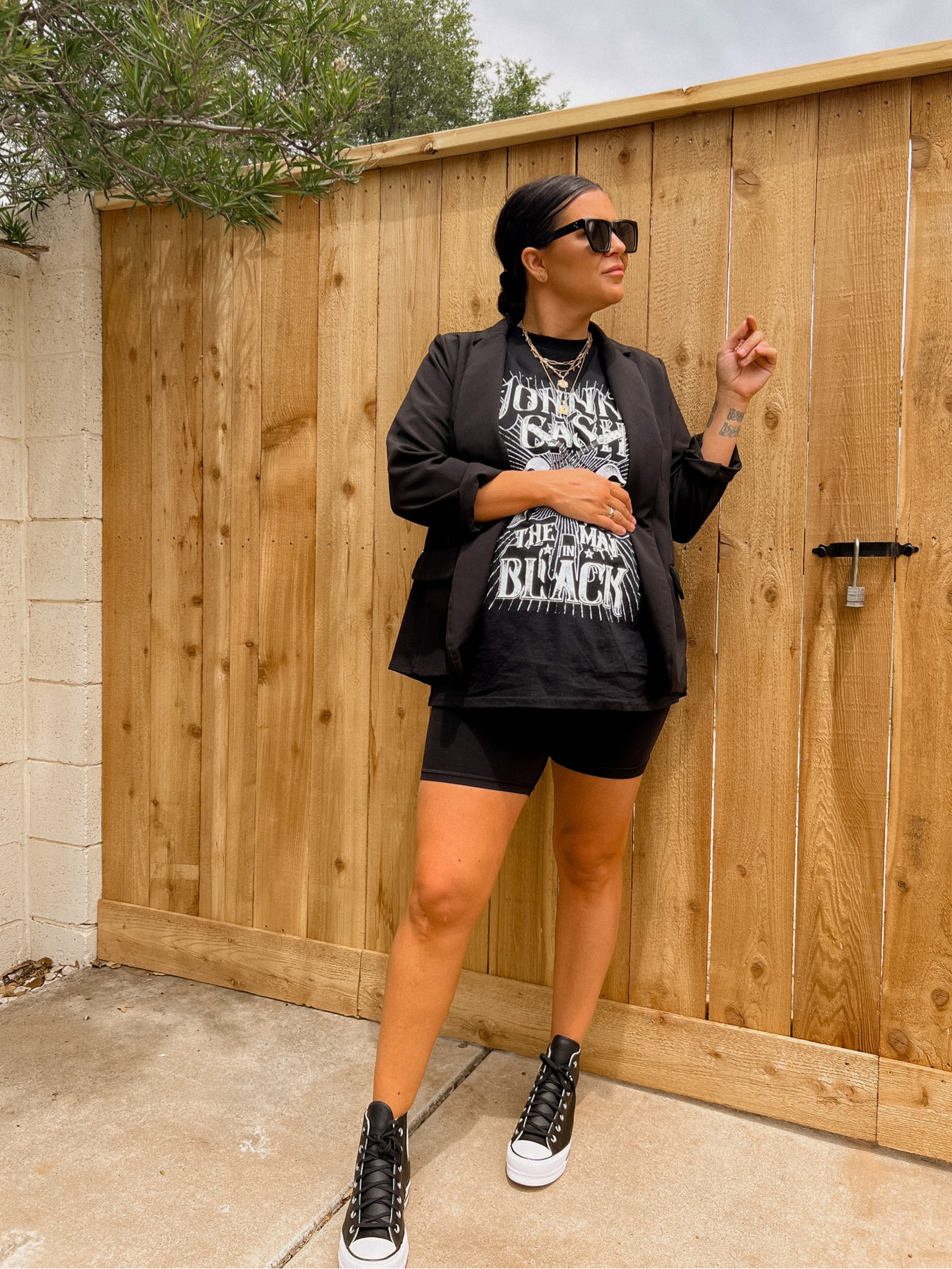 Casual edgy look. Bike shorts and blazer. And all bump friendly. 
Blazer: Large
Tee: XXL
Bike shorts: XL
Converse Platform: Size down 1/2 size

#LTKunder50 #LTKstyletip #LTKshoecrush