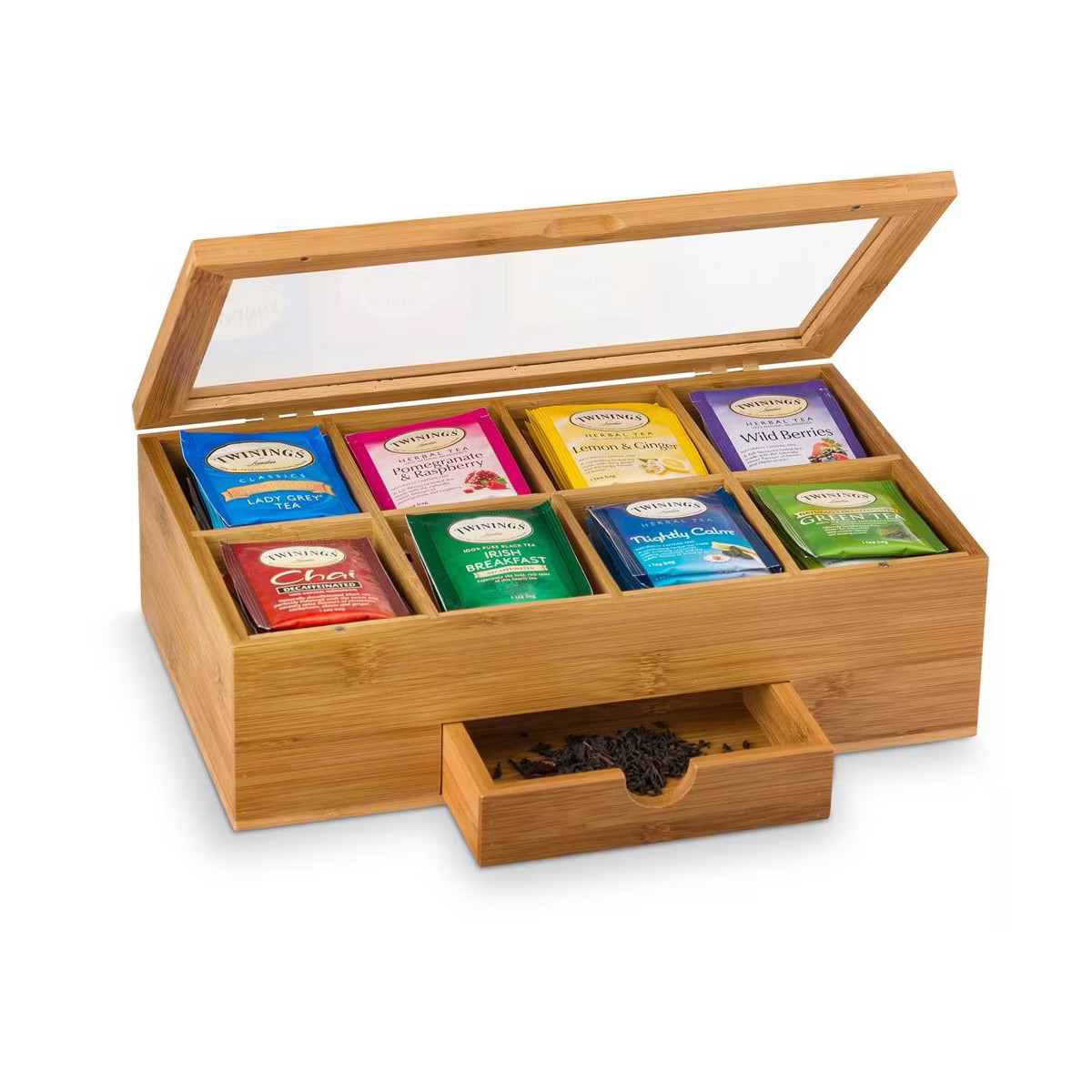 Bamboo Tea Bag Organizer - Wooden Tea Box with 8 Compartments, Acrylic Lid & Drawer for Tea Stora... | Target