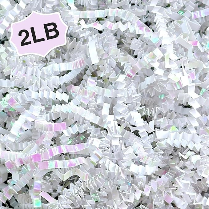 2LB Iridescent Crinkle Paper Shred Filler for Gift Box Bag and Basket On Holidays(Diamond White) | Amazon (US)