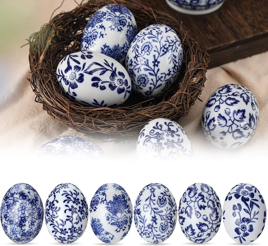 Bucherry 6 Pcs Ceramic Easter Eggs Decorations Chinoiserie Blue and White Floral Eggs Figurines P... | Amazon (US)