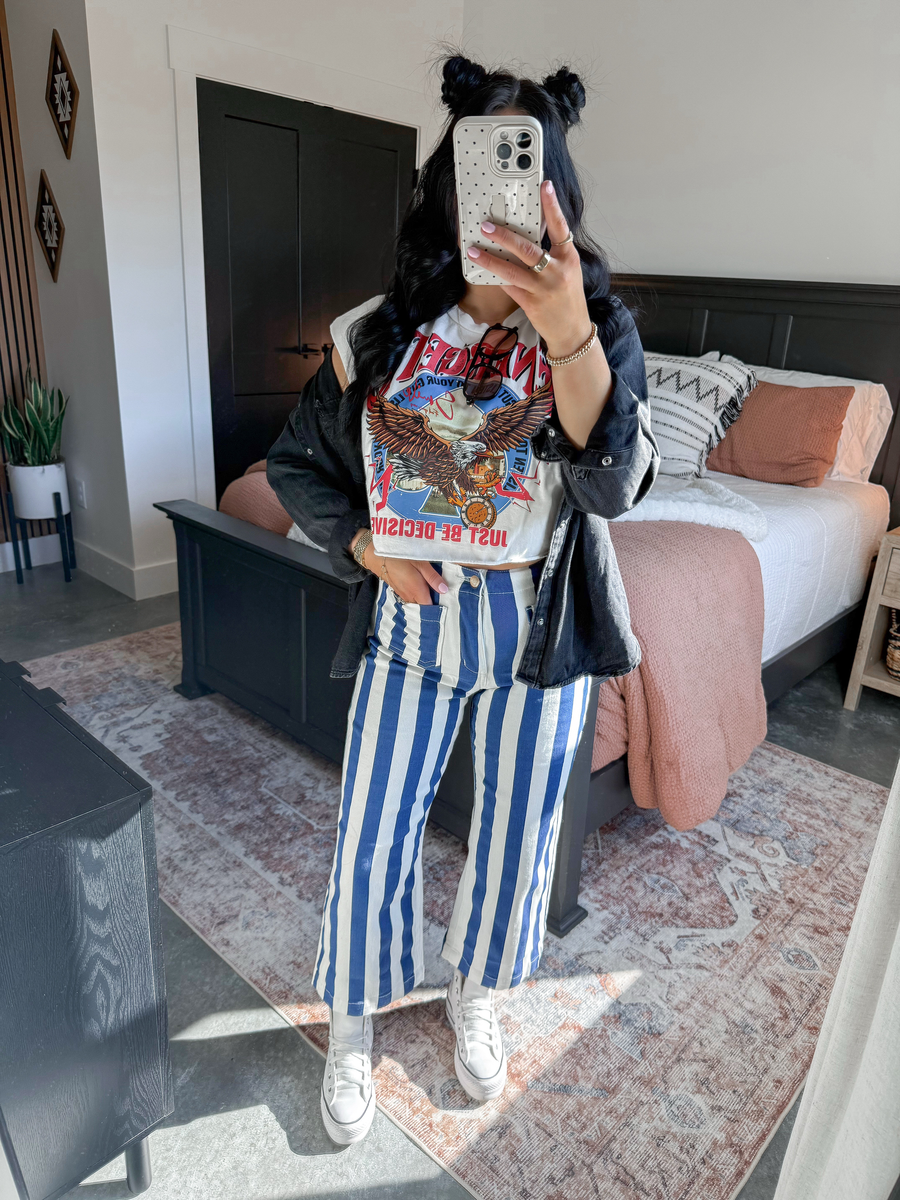 Dopamine Dressing 💙🤍

Graphic Tee - small
Bralette - medium
Denim Button Down - large (mic dropped 2 color option)
Jeans - 4 (definitely would've preferred the 6 though for the bump - navy color option)

I love this fun casual everyday look 👏🏼 Would be perfect to transition into spring! I styled these striped jeans with one of my favorite amazon graphic tees & finished the look with a black denim button down and my white leather platform converse sneakers. Leave out the denim button down once summer shows up for a perfect low effort cool girl outfit! 

 

 #LTKgrwm #LTKootd #LTKBump