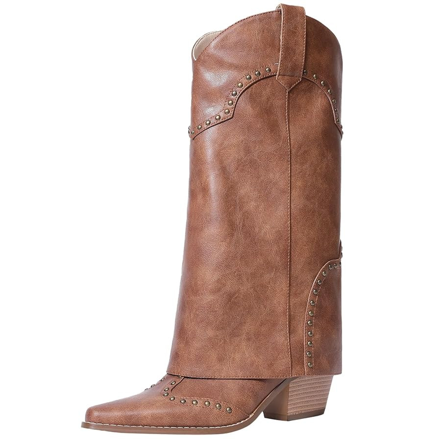 Women Shark Boots Fold Over Mid Calf Chunky Heel Snip Toe Cowboy Cowgirl Pull On Studded Boots fo... | Amazon (US)