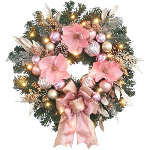 vofuly 22inch Christmas Pink Wreath for Front Door with 25 LED Lights w/Timer,Elegant Magnolia Christmas Door Wreath,Lighted Festive Winter Decor,Pink Decorations for Wedding | Amazon (US)