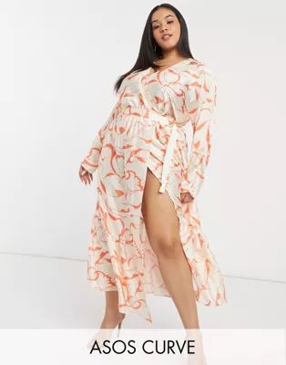 ASOS DESIGN Curve satin wrap tiered maxi dress in abstract print | ASOS (Global)