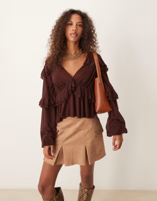 ASOS DESIGN ruffle detail mesh blouse with plunge neck in chocolate | ASOS (Global)