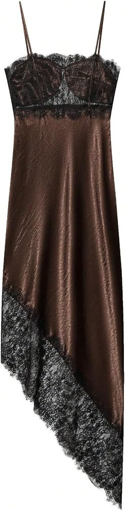 Milumia Women's Lace Trim Long Dress Spaghetti Strap Asymmetrical Hem Slip Dresses | Amazon (US)