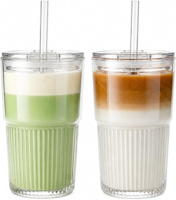 Haundry Ribbed Glass Cups with Lids and Straws (2 Pack), 16oz Iced Coffee Glass Tumbler, Leak Pro... | Amazon (US)