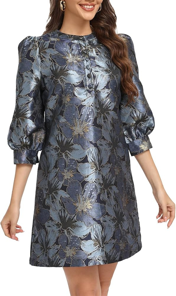 Ladyful Women's Floral Jacquard Shift Dress 2025 Long Puff Sleeve Button Up Elegant Cocktail Part... | Amazon (US)