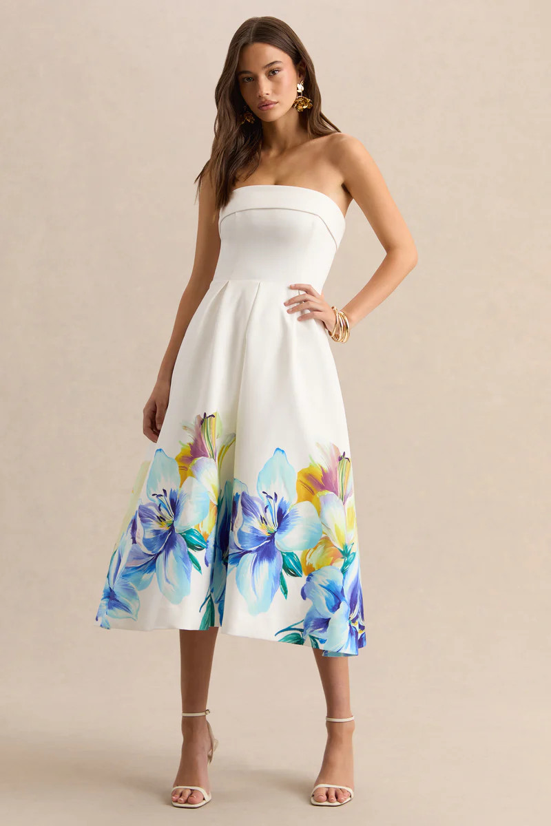 Annalise  Blue And Yellow Floral Border Print Bandeau Skater Midi Dress | Club L London