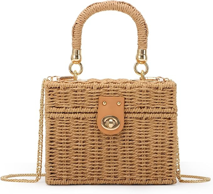 Fecialy Women Handwoven Rattan Handbag Beach Straw Tote Bag Square Boho Crossbody Bag | Amazon (US)