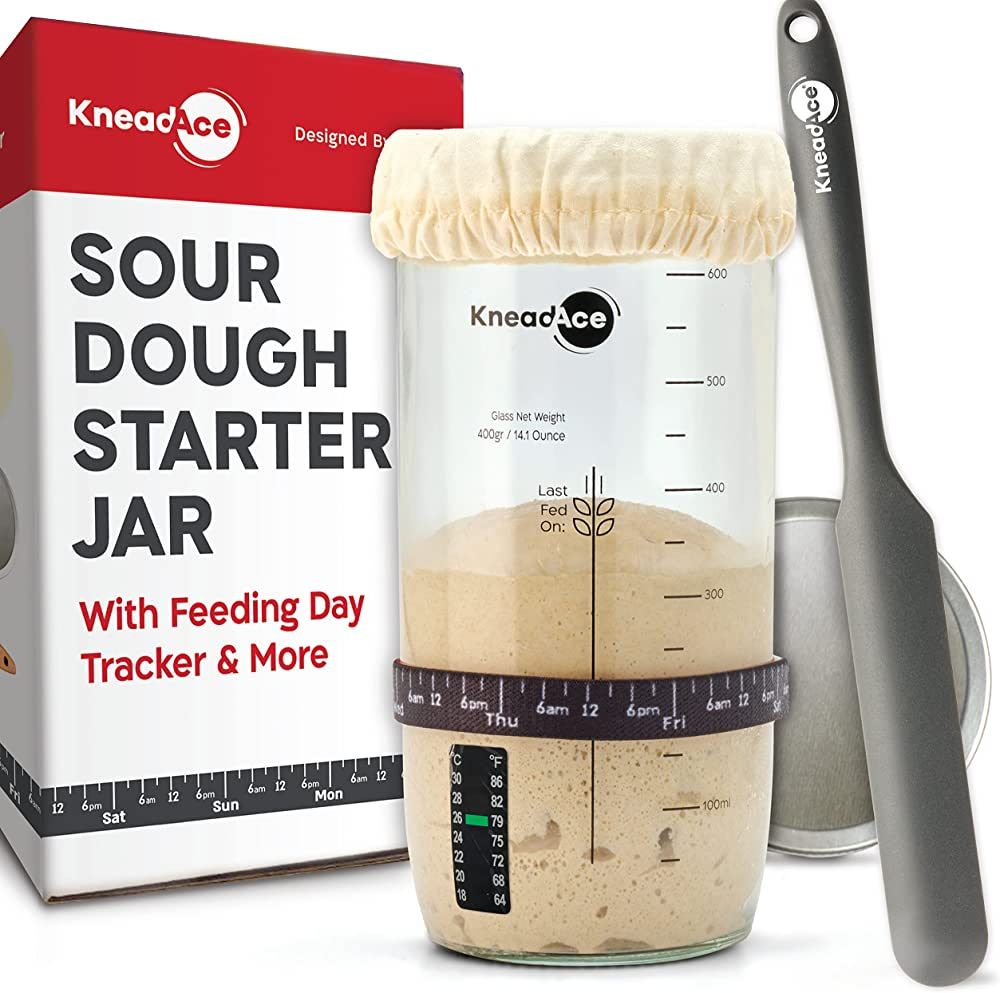 KNEADACE Sourdough Starter Jar With Date Marked Feeding Band, Thermometer, Sourdough Jar Scraper,... | Amazon (US)