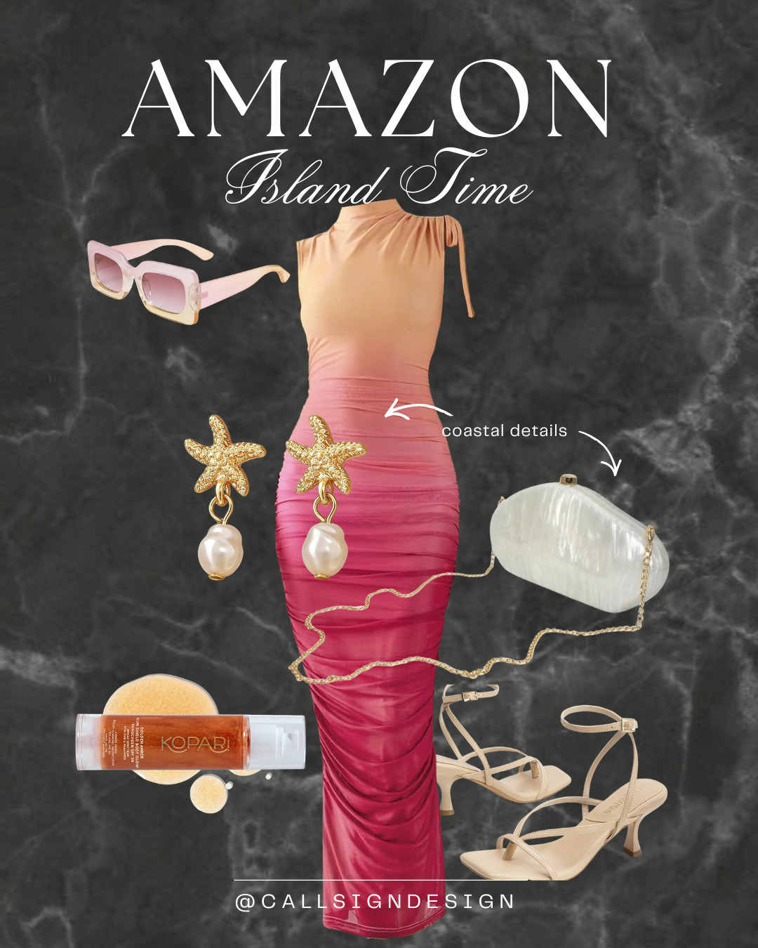 Island time, always 🌅✨
This pink and orange ombré dress is giving all the sunset vibes. Paired with gold starfish earrings and a pearl bag for the perfect coastal touch. An outfit that is warm, glowy, and made for golden hour. 

 #LTKdayinmylife #LTKgrwm #LTKootd