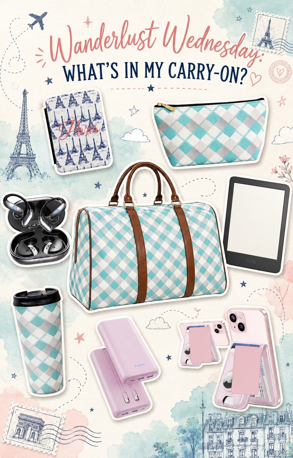 ✈️ Wanderlust Wednesday: What’s in my carry-on?

A cute weekender, my Kindle, wireless earbuds, a portable charger, travel mug, passport cover—and a few perfectly coordinated essentials! Because traveling is always more fun when your carry-on is organized and looks adorable. 🩵🩷

Which essential could you never travel without?

Shop my travel-inspired finds and designs through Traveling with Stacey!

#WanderlustWednesday #CarryOnEssentials #TravelMustHaves #TravelingWithStacey #TravelStyle

#LTKTravel #LTKgrwm #LTKdayinmylife