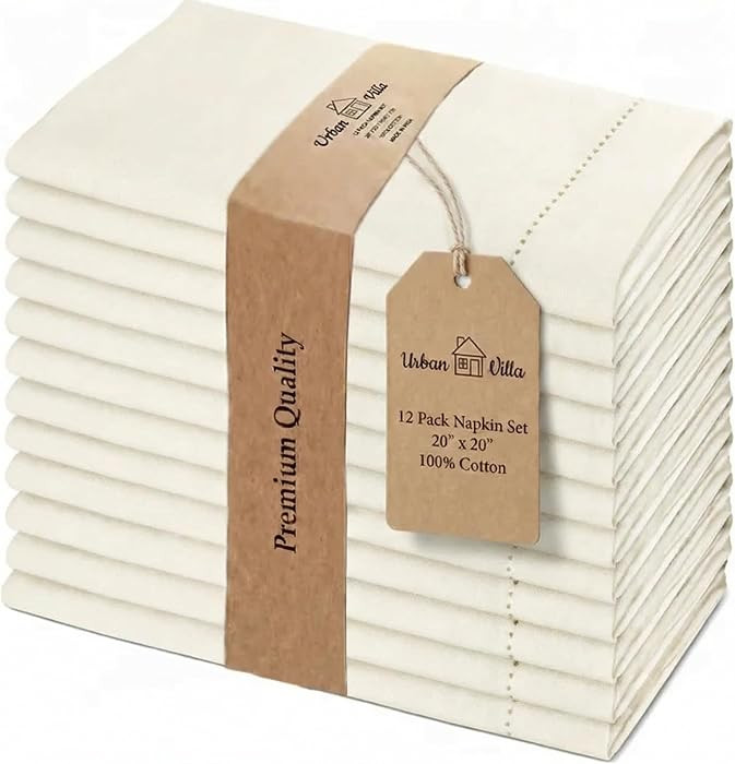 Urban Villa Cloth Napkins Ivory Hemstitch Dinner Napkins Set of 12 (20X20) 100% Cotton Absorbent ... | Amazon (US)